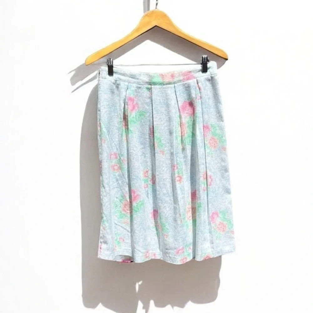 🌻Vintage F.R. Bentley Pleated Pastel Floral Midi Skirt Elastic Waistband Size M - Picture 2 of 8